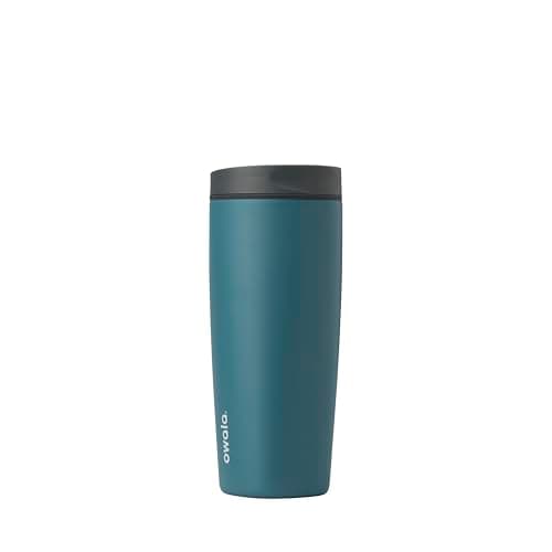 Owala SmoothSip Slider Insulated Stainless Steel Coffee Tumbler, Reusable Iced Coffee Cup, Hot Coffee Travel Mug, BPA Free 20 oz, Grey/Blue (High Dive) - Engineered Drinkware