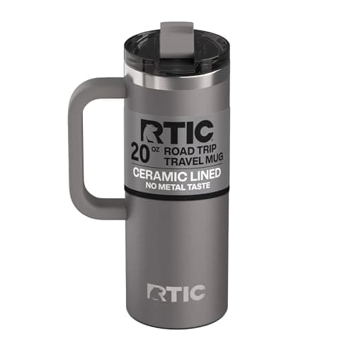 RTIC 20oz Road Trip Travel Mug with Lid and Handle, Ceramic Lined, Insulated, Stainless Steel, Metal, Double Wall Vacuum-Insulation, Portable Coffee, Tea Cup for Hot and Cold Drink, Graphite - Engineered Drinkware