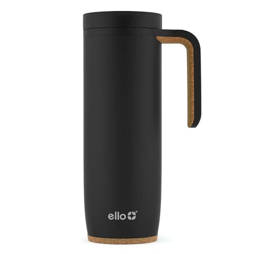 Ello Magnet 18oz Stainless Steel Travel Mug with Handle and Leak Proof Lid | Vacuum Insulated Coffee Cup Keeps Drinks Hot for 5 Hours | BPA Free Tumbler with Built In Coaster, Matte Black - Engineered Drinkware