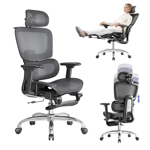 LarkLeaves Office Chair with Footrest, Ergonomic Chair with 3D Headrest, Computer Chair with Adjustable Backrest & 3D Armrest, Gaming Chair with Adaptive Lumbar Support, Mesh Backrest & Cushion, Black
