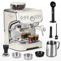 Amaste Espresso Machine with Grinder, 15 Bar Espresso Machine with Steam Wand for Latte and Cappuccino, 68Oz Water Tank, Pre-Infuse Brewing, Espresso Coffee Maker for Home Use, Barista Kit, White - Home Espresso Machines