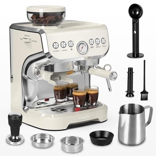 Amaste Espresso Machine with Grinder, 15 Bar Espresso Machine with Steam Wand for Latte and Cappuccino, 68Oz Water Tank, Pre-Infuse Brewing, Espresso Coffee Maker for Home Use, Barista Kit, White