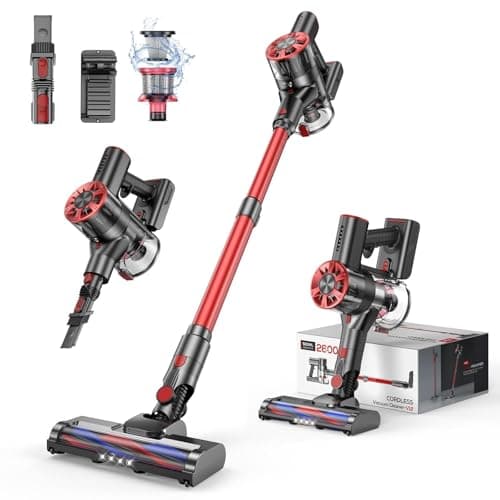 Comvtu Cordless Vacuum Cleaner for Home, 80,000PRM Powerful 4 in 1 Lightweight Stick Vacuum with 2 Adjustable Suctions, Max 40 Mins Runtime, 2600mAh Rechargeable Vacuum Cleaners (Hibiscus Red) - Cordless Stick Vacuums