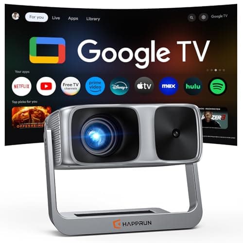 HAPPRUN 2000 ANSI Official Licensed Google TV Outdoor Projector 4K Full HD, Smart Projector with Wifi and Bluetooth, Auto Focus, Dolby Sound, Built-in Apps, HAPPRUN Indoor Home Theater with 270° Stand