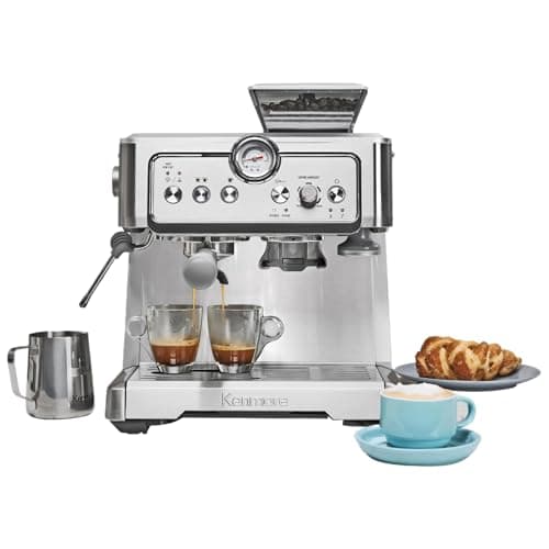 Koolatron Kenmore Espresso Machine – Automatic Coffee Maker with Manual Tamper, Auto Cleaning, Milk Steamer & Frother, Bean Grinder, Brew Professional Barista Style Cappuccino, Café Latte