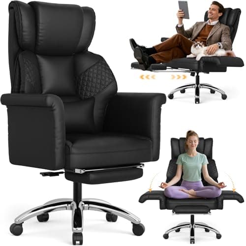 Ergonomic Office Chair with Footrest, Criss Cross Legged Desk Chair with Flip-Up Arm, Wider Thicker Spring Seat, Lumbar Support, Pet-Friendly, Big and Tall High Back Heavy Duty Executive Leather Chair