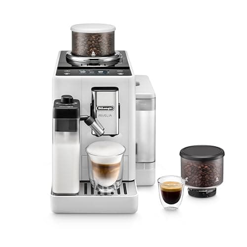 De'Longhi Rivelia Automatic Espresso Machine with Grinder & Milk Frother – All-in-One Coffee Maker, Hot & Iced Latte, Cappuccino, Bean Switch System, Burr Grinder, Compact Italian Design, White - Home Espresso Machines