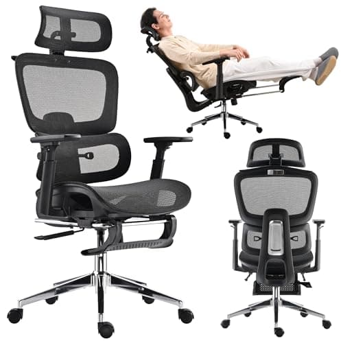 hujusko Mesh Ergonomic Office Chair with Footrest,High Back Mesh Gaming Chair with Lumbar Support,Adjustable Headrest and Armrests for Home Office Desk Chair (Modern, Black)
