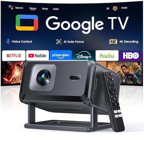 Smart Projector [Bundled with Google TV Stick & 4K Support] with WiFi and Bluetooth, Portable Mini Movie Short Throw Projector Outdoor with Built-in Apps Auto Focus for Home Theater Bedroom Ceiling