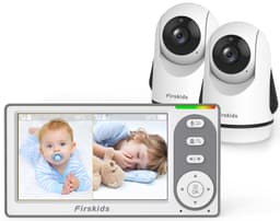 Firskids Split-Screen Baby Monitor with 2 Cameras No WiFi, 30H Battery, Pan-Tilt-Zoom, Monitor para bebés with Night Vision, 2-Way Audio, Room Temp Sensor, Lullaby, Plug & Play - Ideal for Travel 2cameras - Smart Baby Monitors