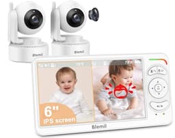 Blemil 6" Baby Monitor with 2 Cameras 4000mAh Battery Upgrade Split Screen Video Baby Monitor No WiFi Remote Pan-Tilt-Zoom Auto-Night Vision 150 Languages ECO Mode 2-Way Talk 1000FT (Ideal Condition) - Smart Baby Monitors