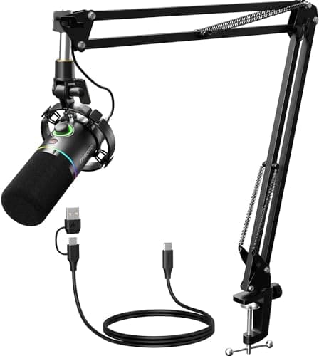 MAONO XLR/USB Dynamic Microphone Kit, RGB Podcast Mic with Software, Mute, Gain Knob, Volume Control, Boom Arm for Streaming, Gaming, Voice-Over, Recording-PD200XS Black - Creator Audio