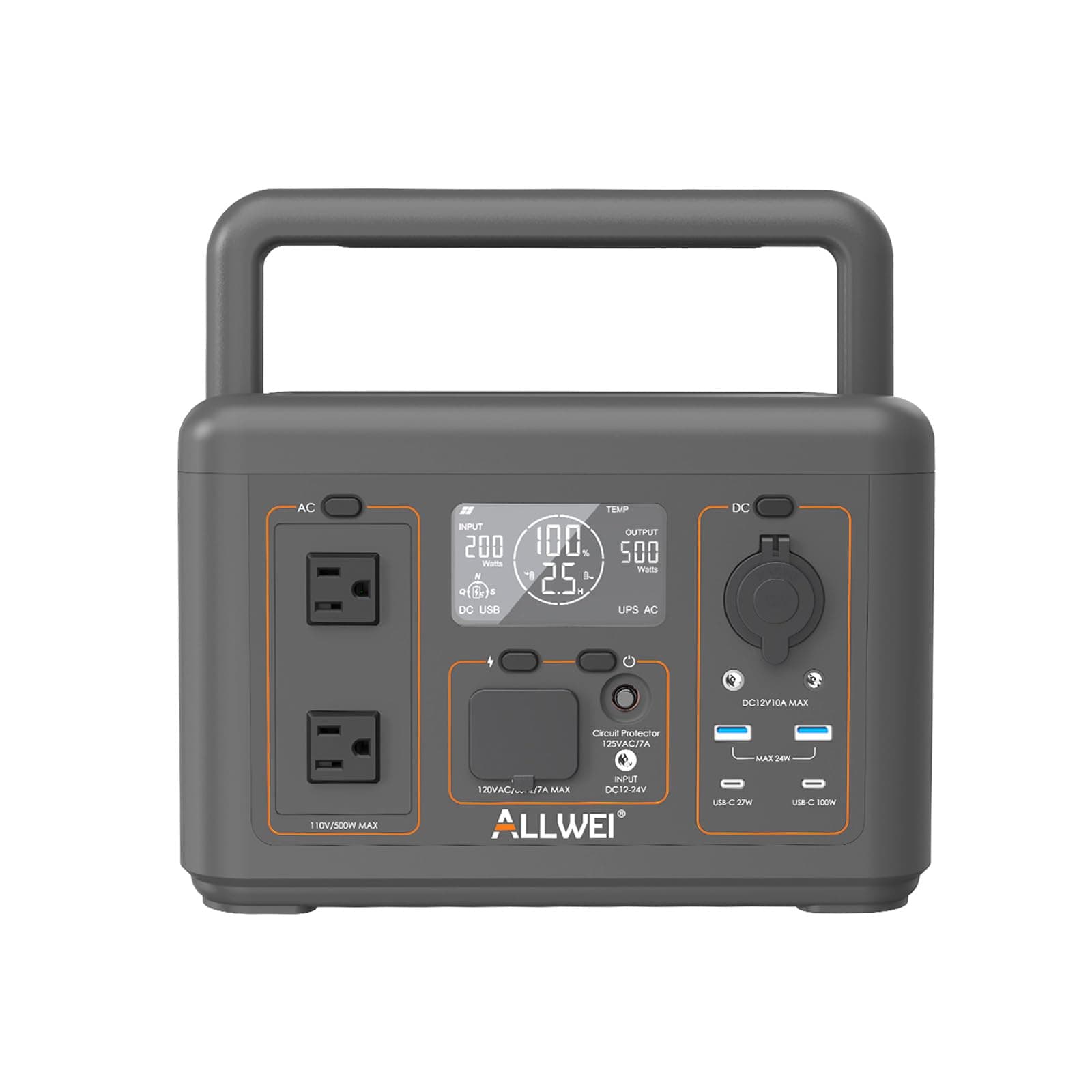 ALLWEI Portable Power Station 500W, 512Wh LiFePO4 Battery, UPS Function, 2.5Hrs Fast Charge, 2 AC Outlets(Surge 1000W), Solar Generator for Outdoor Camping RV CPAP Home Emergency