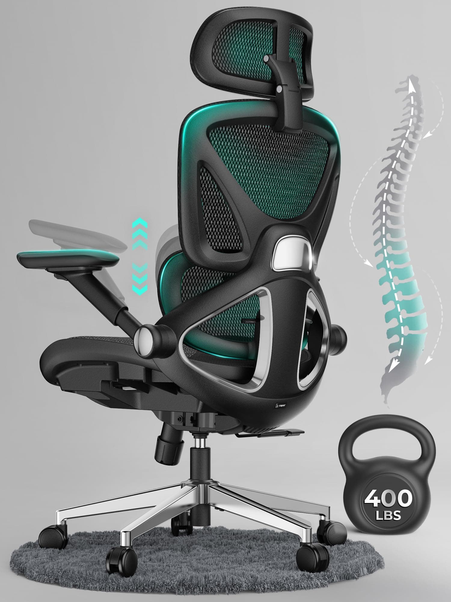 CAPOT Ergonomic Mesh Office Chair, Adjustable Lumbar High Back Desk Chair 400lbs, 4D Flip-up Arms, 3-Level Tilt Backrest, 3D Headrest, PU Wheels, Swivel Rolling Computer Seating for Long Desk Work Black
