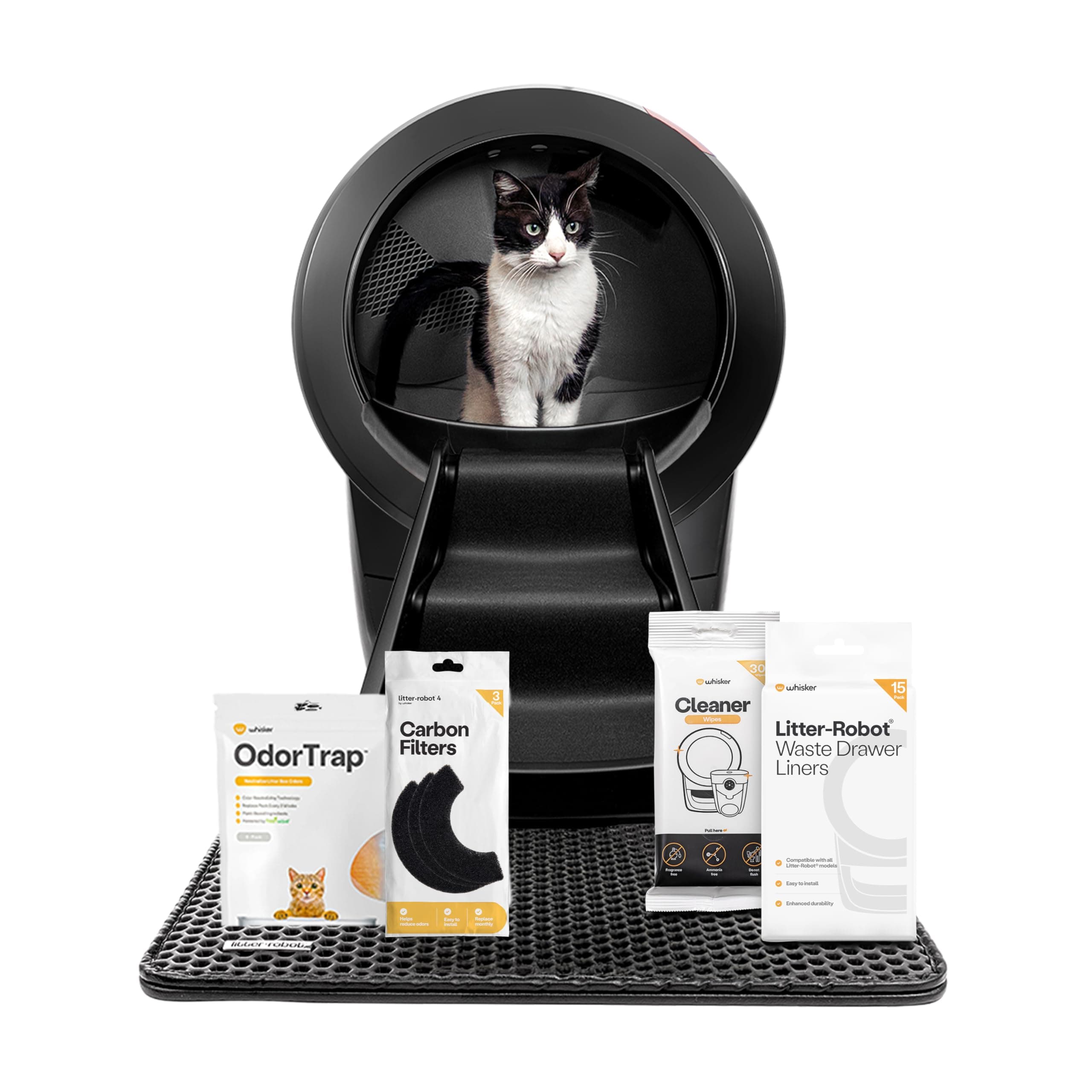 Litter-Robot 4 Supply & Accessory Bundle by Whisker, Black- Automatic Self-Cleaning Cat Litter Box, Includes Litter-Robot 4, Ramp, Mat, 3 OdorTrap Packs, 10 Liners, 30 Wipes, & 2 Carbon Filters
