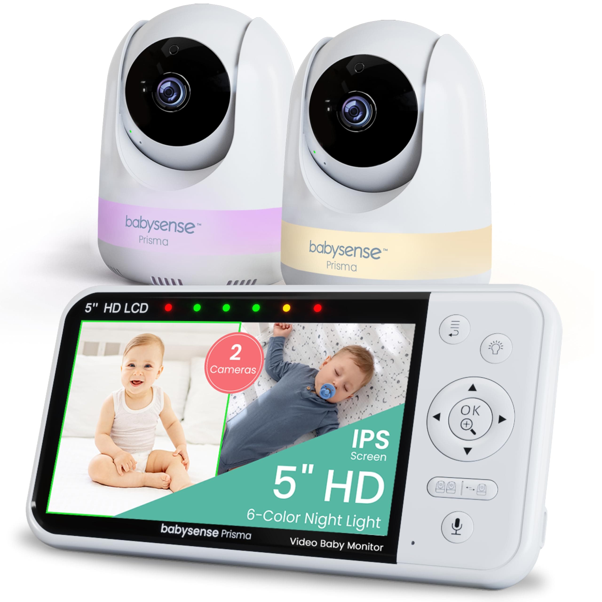 Babysense Prisma Baby Monitor with Camera and Audio, 5” HD Video Baby Monitor with 2 Cameras, 6-Color Night Light, Split Screen, Sound Machine with White Noise & Lullabies, Secure No WiFi PRISMA 2CAM