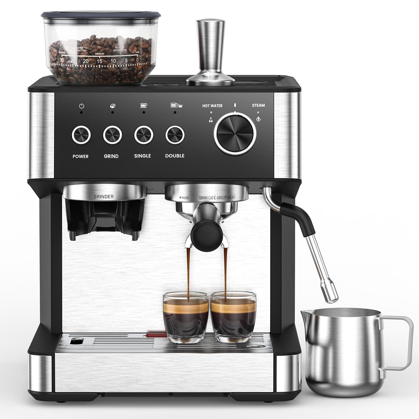 Espresso Machine with Grinder, 20 Bar Expresso Coffee Machines with Milk Frother Steam Wand, Professional Espresso Maker with Removable Water Tank, Cappuccino & Latte Machine for Home Black + Stainless Steel