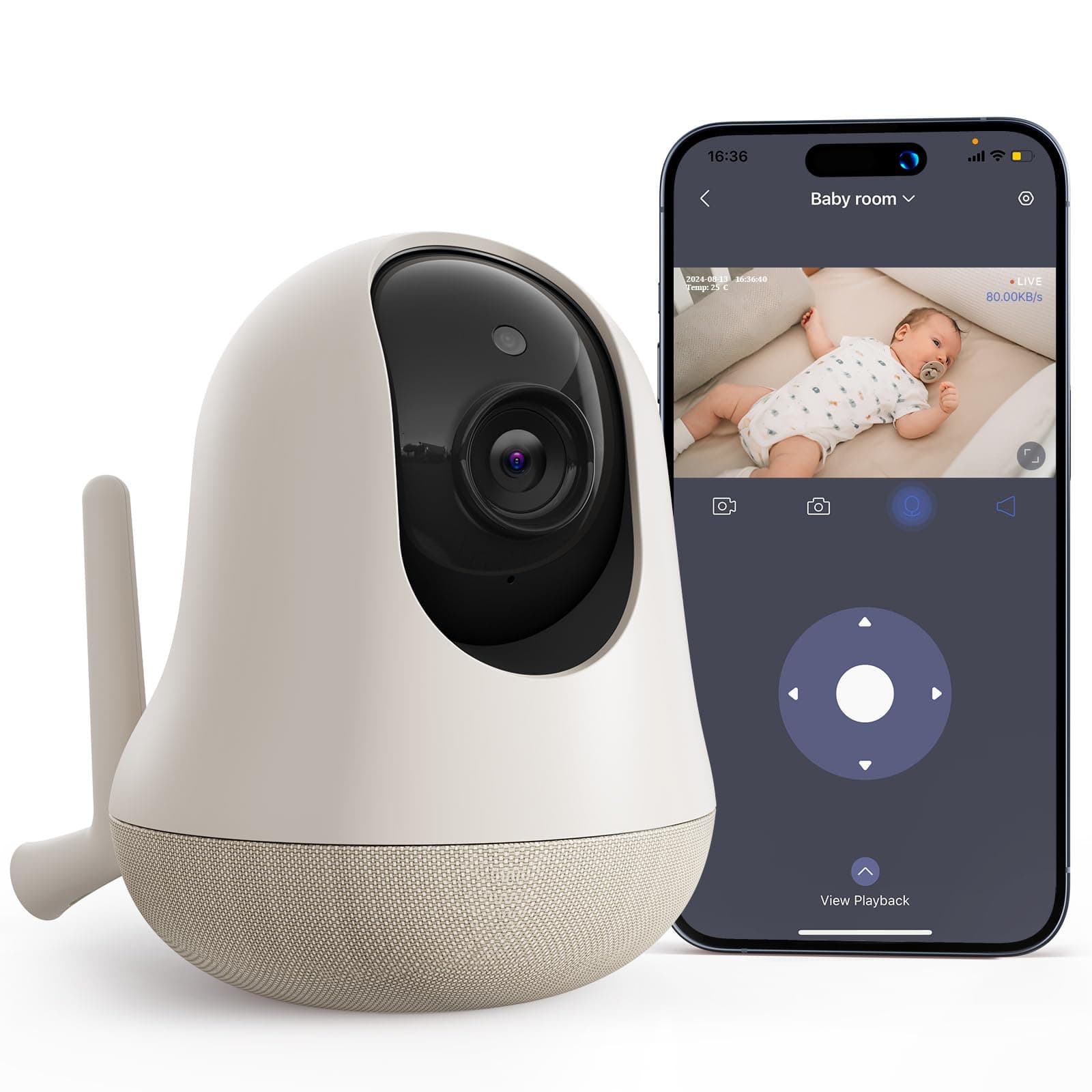 nooie 2K Smart WiFi Baby Monitor with Camera and Audio, Smartphone App Control, Temperature Sensor, Motion & Cry Detection, IR Night Vision, 2-Way Talk, Cloud & SD Card Storage, Ideal for New Moms