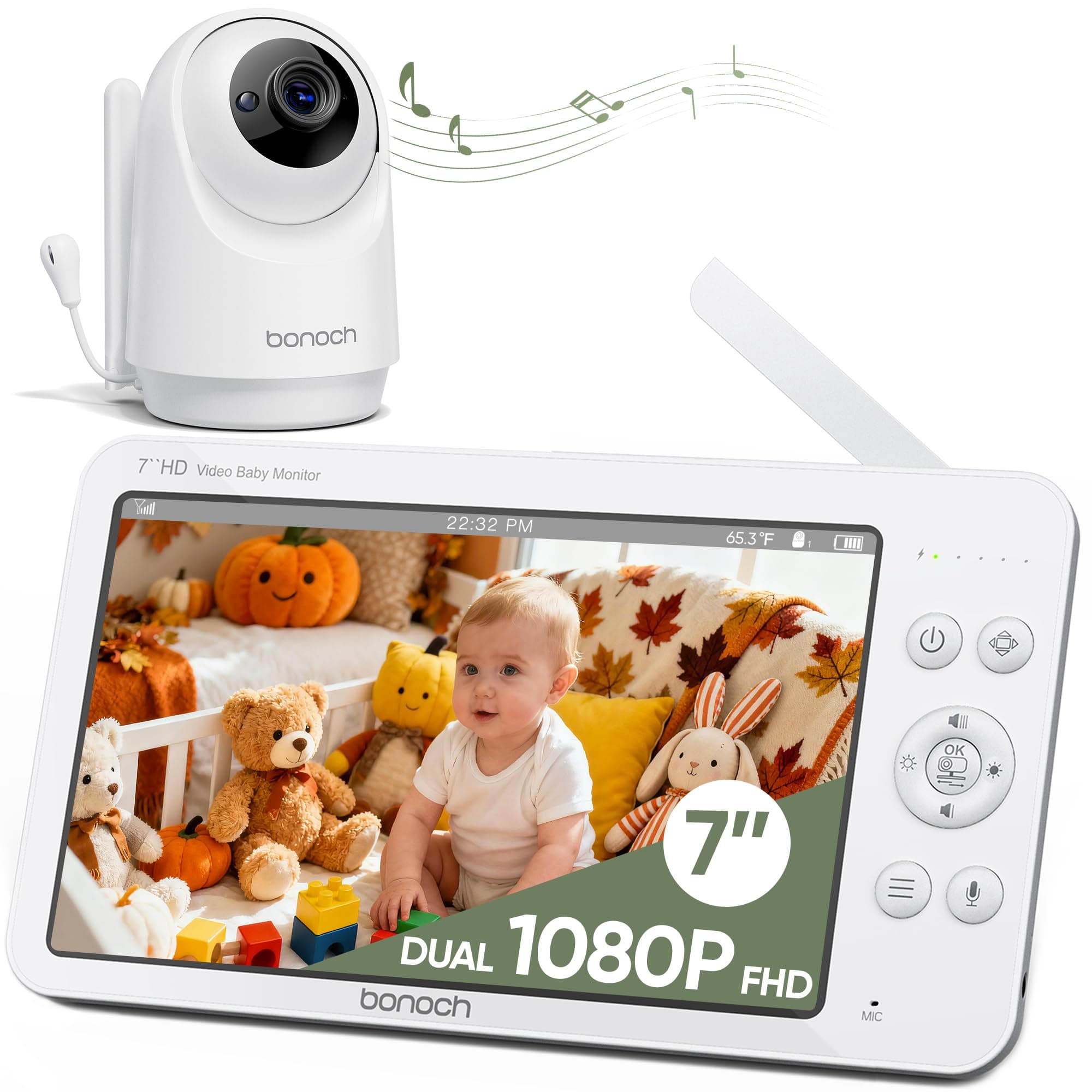 bonoch 7" Baby Monitor No WiFi, Upgraded 1080P HD MegaView Video Monitor with Camera and Audio, 6000mAh Battery, VOX Mode, Night Vision, Hack Proof, Remote PTZ, White Noise, Gifts for Parents 1080p 7" monitor with 1 camera