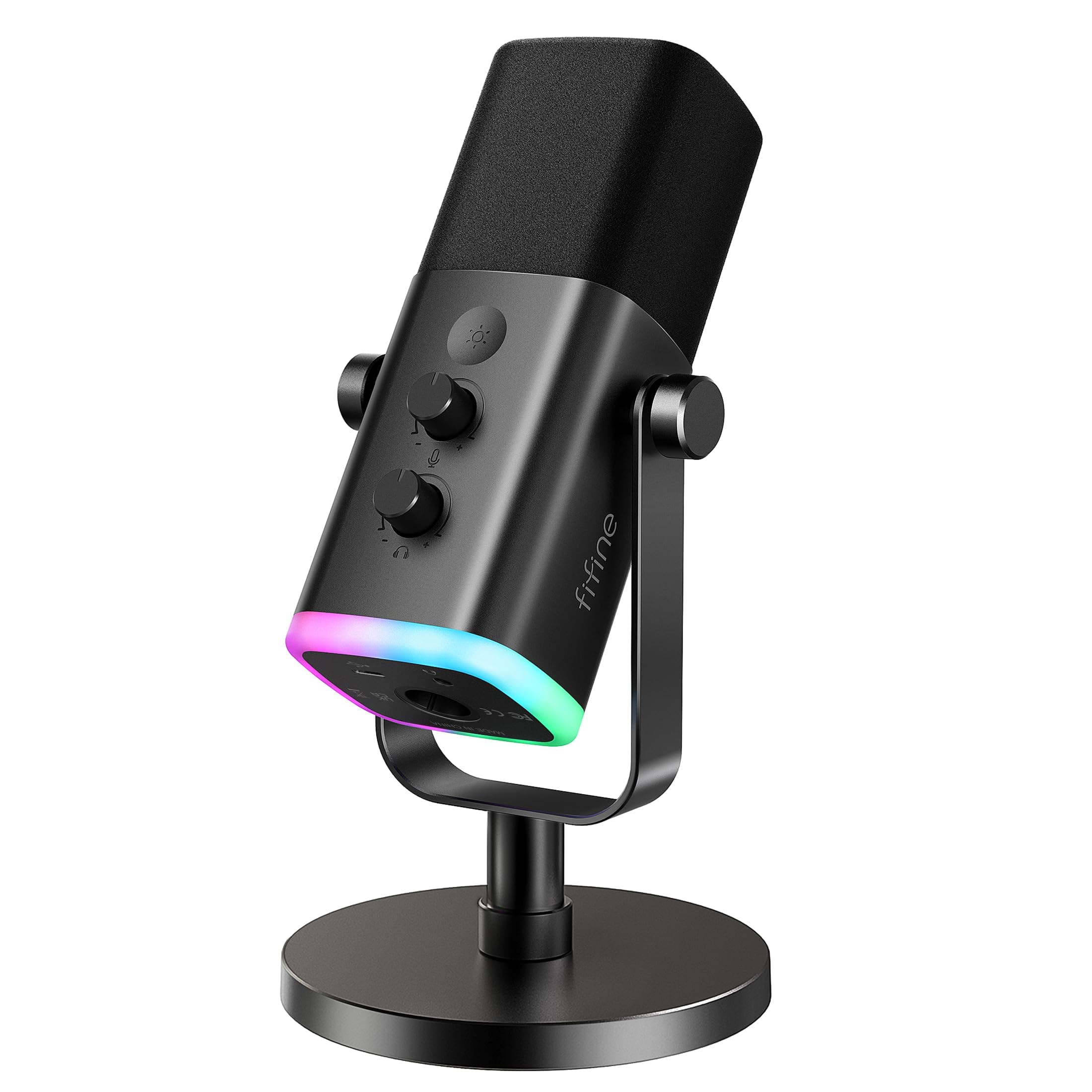FIFINE USB/XLR Dynamic Microphone for Podcast Recording, PC Computer Gaming Streaming Mic with RGB Light, Mute Button, Headphones Jack, Desktop Stand, Vocal Mic for Singing YouTube-AmpliGame AM8 Black