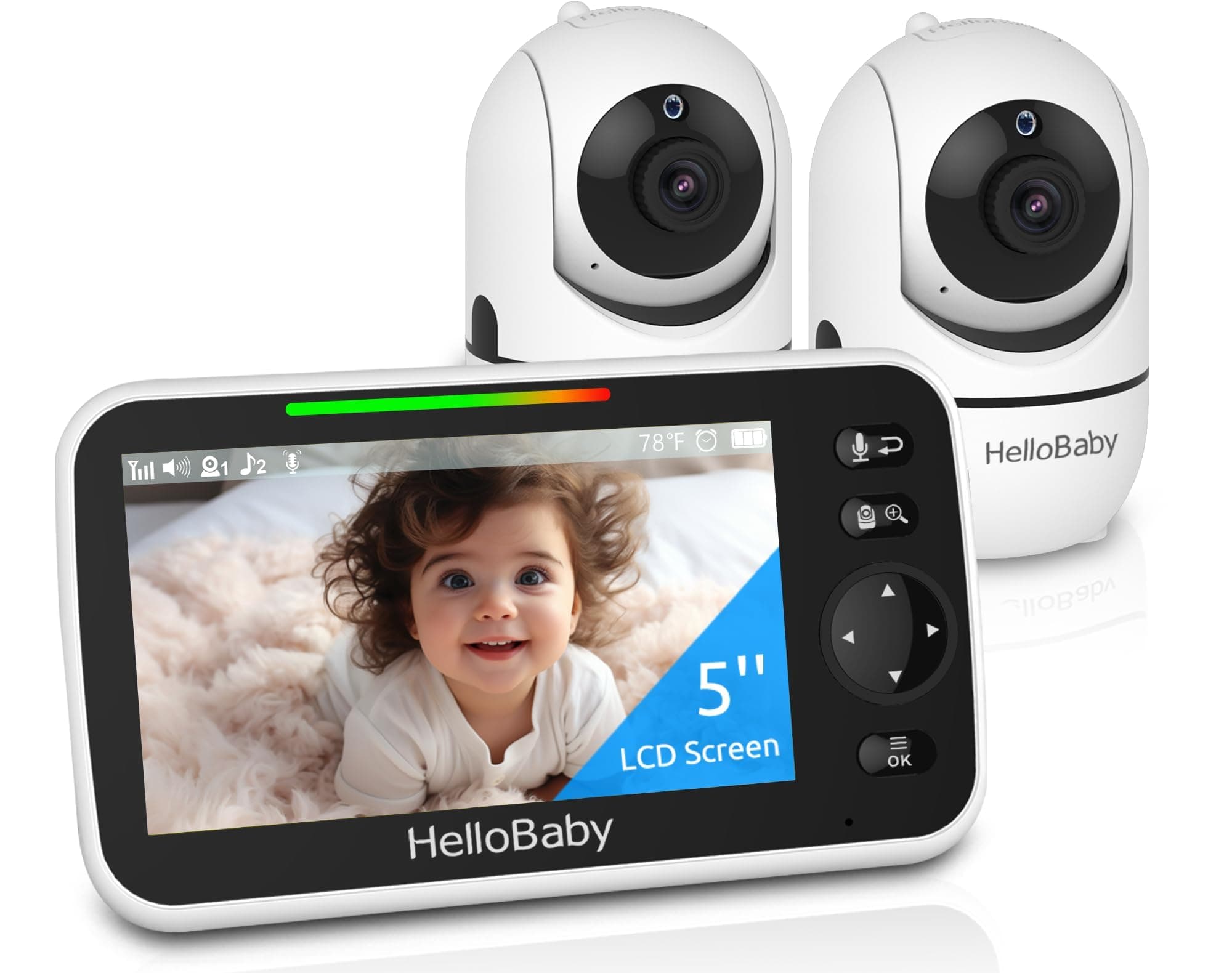 HelloBaby Upgrade 5’’ Baby Monitor with 30-Hour Battery, 2 Cameras Pan-Tilt-Zoom, 1000ft Range Video Audio Baby Monitor No WiFi, VOX, Night Vision, 2-Way Talk, 8 Lullabies and Temperature 2 Cams-HB6550