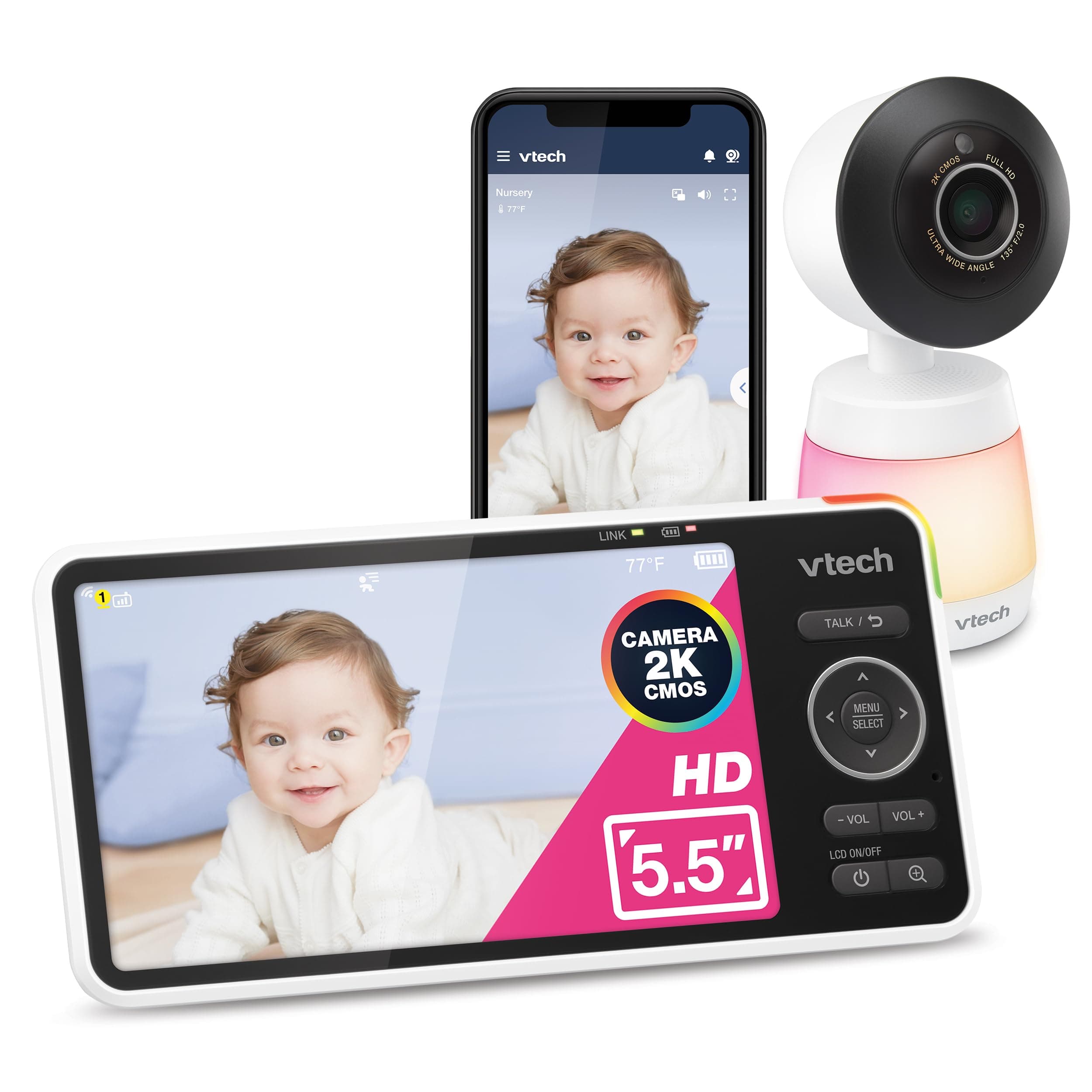 VTech Smart WiFi Baby Monitor, 2K CMOS Sensor Camera, 5.5-inch HD IPS Screen, Clear Infrared Night Vision, Pan-Tilt, 24x Zoom, 2-Way Talk, Multi-Color Night Light, Soothing, Free App: Smart HD Plus "5" Wifi 1 Cam"