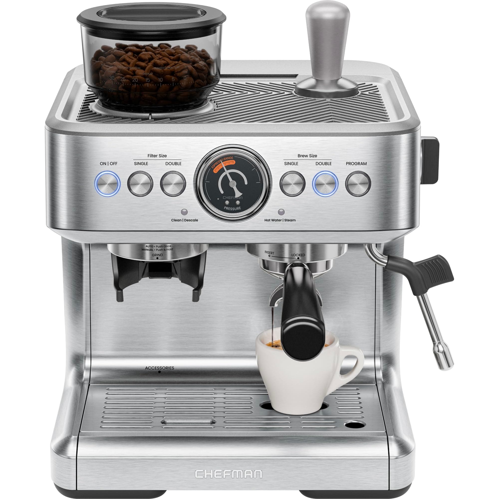 Chefman Crema Supreme 15 Bar Espresso Machine with Milk Frother, Barista Steam Wand, Professional Coffee Maker with Coffee Grinder, 30 Grind Settings, 3L Removable Water Tank - Stainless Steel Semi-Automatic