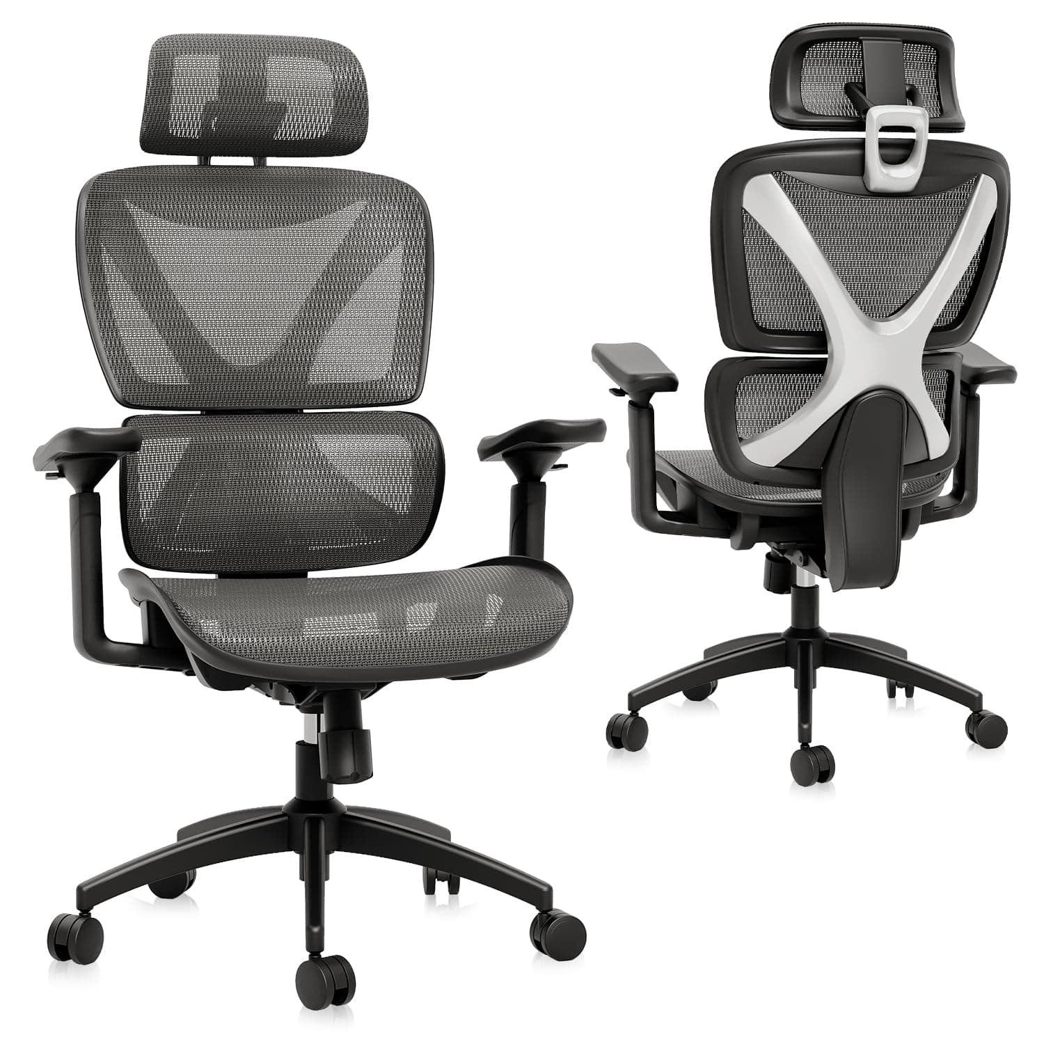 GABRYLLY Ergonomic Office Chair, Big and Tall Mesh Chair with Lumbar Support, 3D armrest - 215° Rotation, Adjustable Headrest & Soft Seat, Durable Desk Chair 350LBS for Work Gaming Computer,Grey Grey 215° rotating 3D armrest
