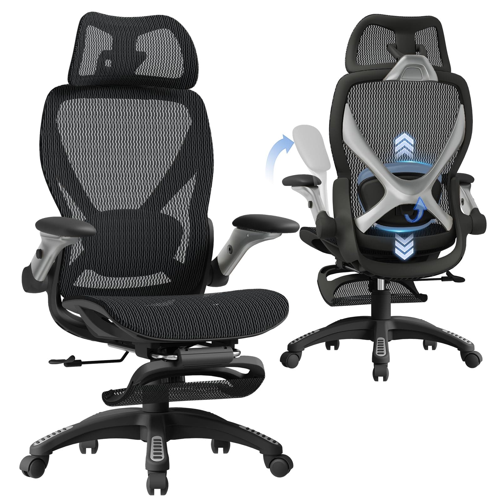 ELABEST X100 Ergonomic Mesh Office Chair with Footrest, Big and Tall Hone Desk Chair with 5D Flip-Up Arms, Adjustable 3D Lumbar Support,Gaming & Executive Computer Chairs for Long Hours(Midnight Mist)